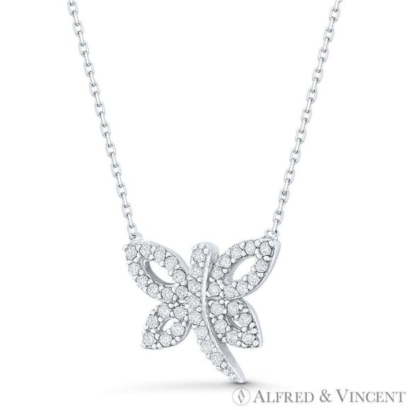 Dragonfly Insect Charm CZ Crystal Pave Pendant Necklace in .925 Sterling Silver - Picture 1 of 1